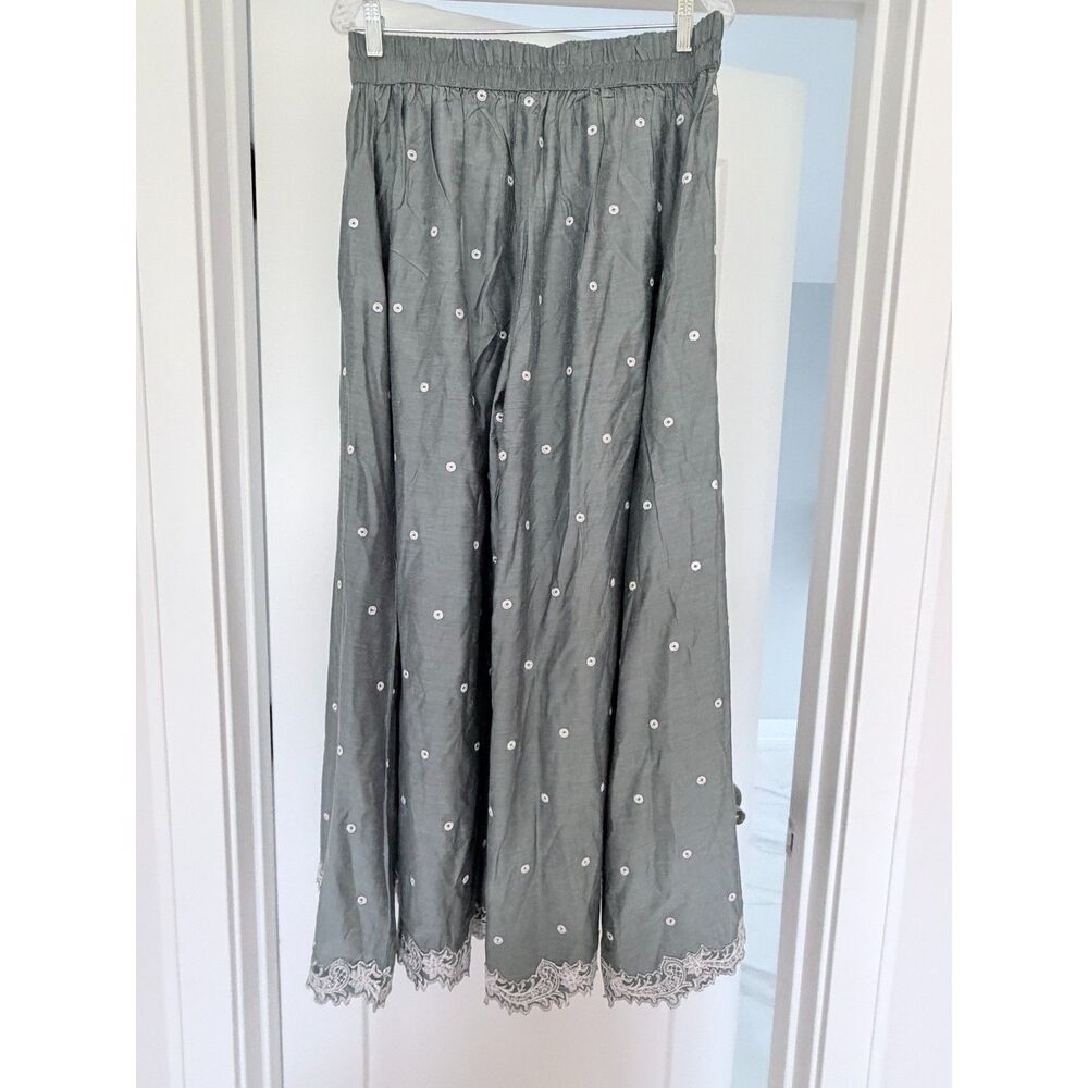 Khaadi Wide Leg Palazzo Pants Size 12 Gray Embroidered Lace Hem NWT